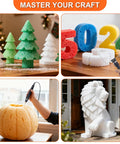Three In One Pro Grade Foam Cutter Kit with styrofoam carvings including trees, numbers, a pumpkin, and a lion statue in use