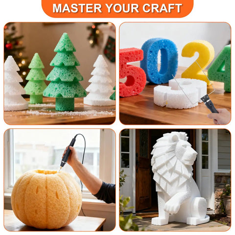 Three In One Pro Grade Foam Cutter Kit with styrofoam carvings including trees, numbers, a pumpkin, and a lion statue in use