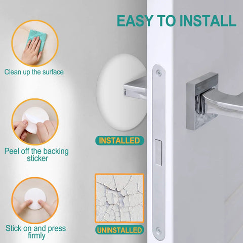 Heavy Duty 3.15 White Silicone Door Stopper Bumpers 6 Pack Wall Protectors with installed and uninstalled visual instructions.