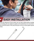 Person installing 12 Piece 14G 275mm Bicycle Spokes 304 Stainless Steel Silver Tone on bike wheel with instruction overlay