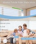 Family in living room with Roller Tubular Motor With Built In Battery No Wiring Required Wireless App Or Timer Control installed on window.