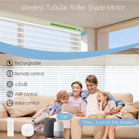 Family in living room with Roller Tubular Motor With Built In Battery No Wiring Required Wireless App Or Timer Control installed on window.