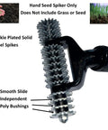 Close-up of hand seeder spiker tool featuring nickel-plated steel spikes and poly bushings for fast brown patch repair.