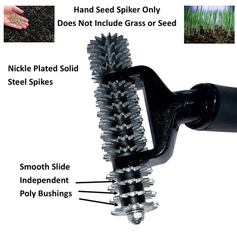 Close-up of hand seeder spiker tool featuring nickel-plated steel spikes and poly bushings for fast brown patch repair.