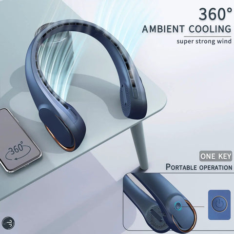 Bladeless Neck Fan With 4000mAh USB Rechargeable Battery 3 Speeds Ultra Quiet Personal Cooler on desk showing 360° airflow