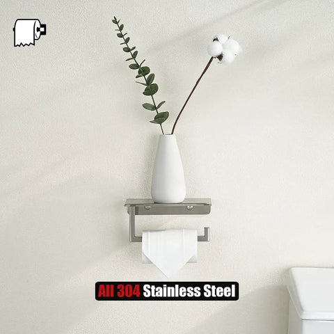 Toilet Paper Holder With Phone Shelf Fits Five Inch Rolls 304 Stainless Steel Brushed Finish Wall Mount Bathroom Organizer