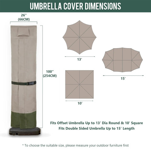Cantilever Umbrella Cover For 9 To 13 Ft Umbrellas 600D Water Resistant UV And Fade Resistant showing dimensions and fit guide