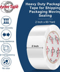 Heavy Duty Packing Tape 2 Inch By 60 Yards 3 Roll Pack With Dispenser Clear Transparent Parcel Tape For Secure Packaging Great For Moving Boxes Cardboard Glass And Metal 180 Yards Total displayed in front of graphic features