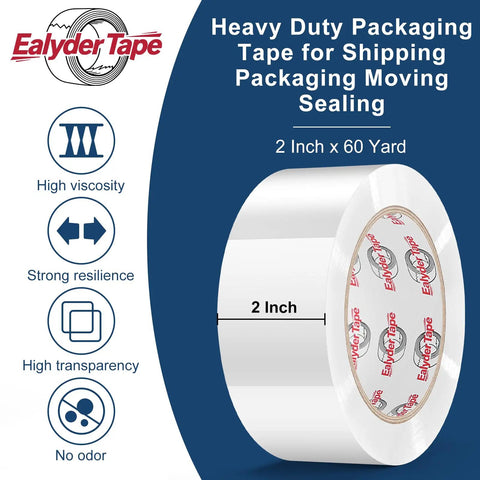 Heavy Duty Packing Tape 2 Inch By 60 Yards 3 Roll Pack With Dispenser Clear Transparent Parcel Tape For Secure Packaging Great For Moving Boxes Cardboard Glass And Metal 180 Yards Total displayed in front of graphic features