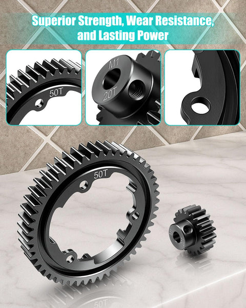 Beefed Up 50T M1.0 Hardened Steel Spur Gear With 20T Pinion Gear Upgrade Kit For Traxxas RC Cars on a tiled background