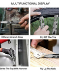 EDC pry bar multitool with bi-directional ratchet screwdriver, gray metal; four-use display: wrenches, tire pry, hammer strike, nail pry.