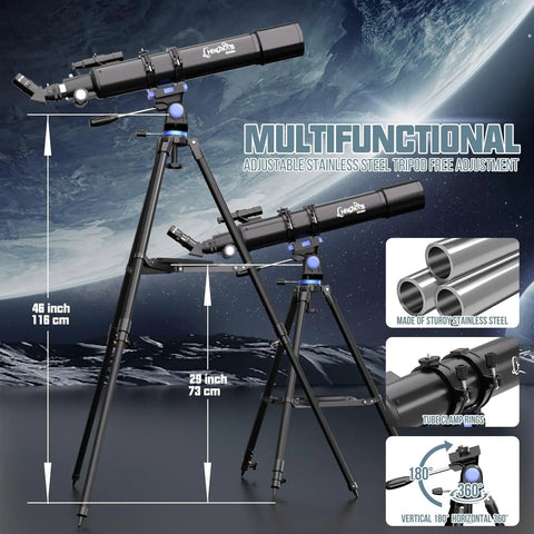 High Powered 90mm Refractor Telescope With 800mm Focal Length On Simple AZ Mount shown with adjustable tripod.