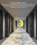 Image illustrating infrared night vision capability in a hallway, showcasing automatic day to night mode switch and visibility.