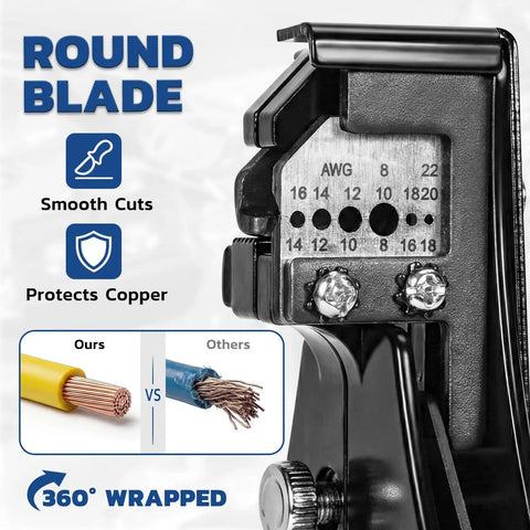 3 In 1 Automatic Wire Stripper Tool For 8 To 22 AWG showing smooth cutting blade and gauge markings