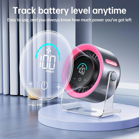 Desk Fan For Bedroom And Office With 100 Speed Levels And Digital Display Quiet Portable USB Fan with pink design on table