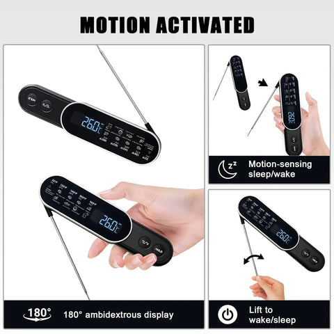 Rechargeable Digital Meat Thermometer With Ultra Fast 0.5 Second Instant Read And Plus Or Minus 0.5 Degree Fahrenheit Accuracy Auto Rotating Backlight Display IP67 Waterproof Wireless Kitchen BBQ Tool For Grilling And Smoking Like A Boss in hand showing features