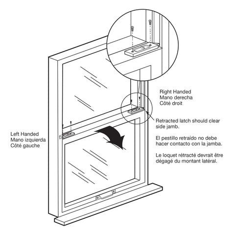 Diagram of 2-5/16 Inch White Plastic Spring Loaded Tilt Latch For Vertical Sliding Windows showing installation on sash