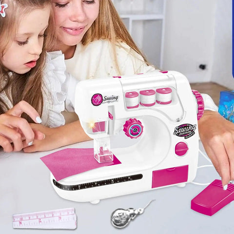 Kids Sewing Machine Toy with Realistic Pedal and Needle Threading, pink and white, with protective guard and accessories.