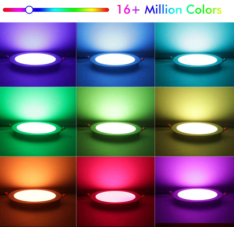 4 Pack 8 Inch Smart WiFi LED Recessed Lights With RGB CW Color Changing Tech showing different color options