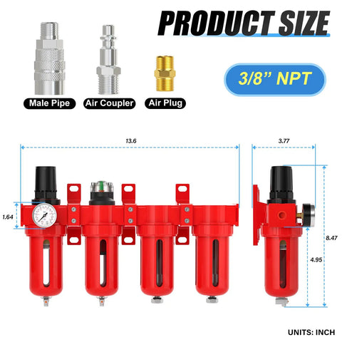 Beefed Up Three Eighths NPT Four Stage Aluminum Air Drying System diagram with filters and dimensions in inches