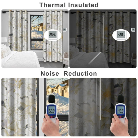 Beige and gold floral blackout curtains for bedroom and living room thermal soundproof window drapes that block ninety percent of light darken rooms 84 inch length 2 panels with tiebacks chic patterned polyester curtains for sleep and privacy thermal insulated and noise reduction
