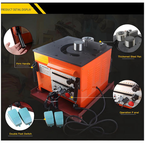 Heavy Duty Electric Rebar Bender One Quarter Inch Steel Bar Bending Machine 3000 Watt Pure Copper Motor features a firm handle and dual foot pedal.