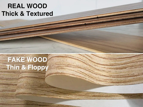Comparison of real reclaimed barn wood peel and stick wall planks with self adhesive backing and thinner alternative.
