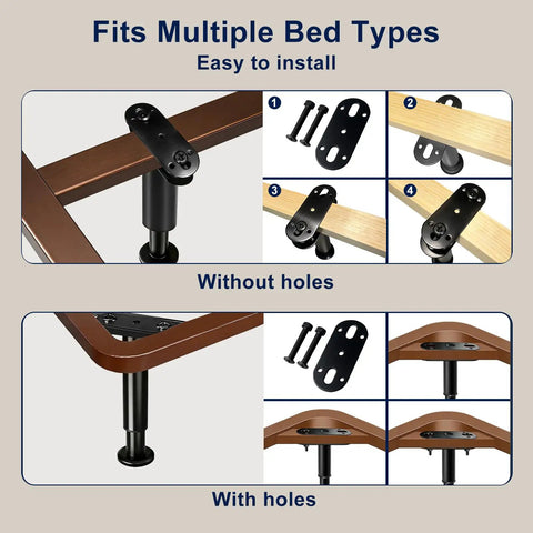 Illustration showing installation steps for Heavy Duty Adjustable Bed Legs With Grippy Rubber Base for multiple bed types.