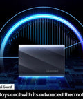 Image showing T9 Portable SSD 2TB External Solid State Drive with USB 3 2 Gen 2x2 and Read Speeds Up To 2000MB Per Second Perfect For Gaming Students And Pros Built Tough With Dynamic Thermal Guard Black, showcasing dynamic thermal guard feature against a futuristic background.