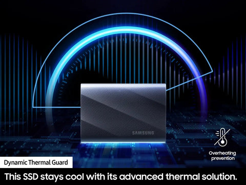 Image showing T9 Portable SSD 2TB External Solid State Drive with USB 3 2 Gen 2x2 and Read Speeds Up To 2000MB Per Second Perfect For Gaming Students And Pros Built Tough With Dynamic Thermal Guard Black, showcasing dynamic thermal guard feature against a futuristic background.