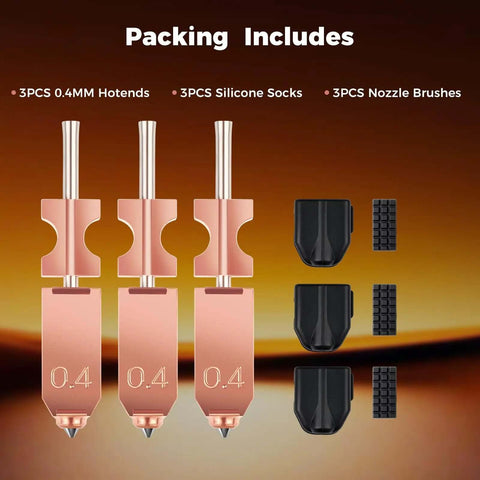 Upgraded 0.4mm Metal Hot End Nozzles Kit For 3D Printers showing 3 metal hot ends, silicone socks, and nozzle brushes