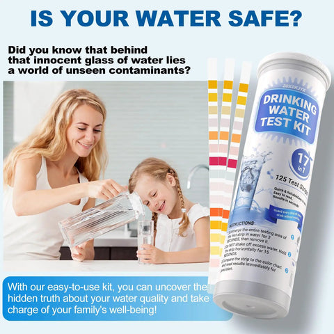 No Sweat 21-In-1 Home Water Test Kit With 145 Strips And Four Bacteria Checks For Tap Or Well Water To Spot Lead Hardness Ph Iron Fluoride Copper Chlorine And Coliform Without Any Fuss showing a mother and daughter pouring water.