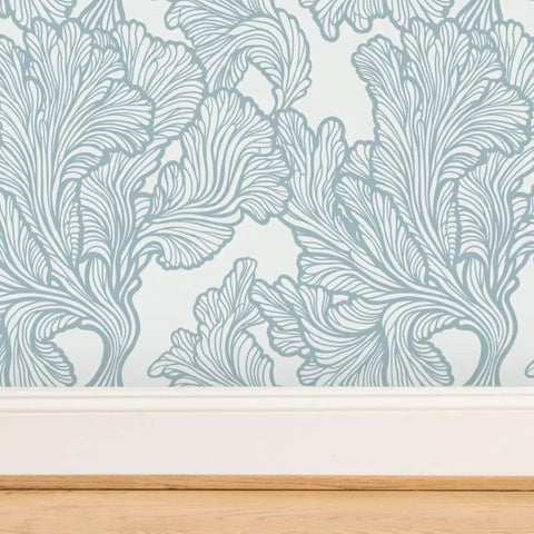Premium Neutral Tropical Textured Vinyl Wallpaper Hella Durable Commercial Grade Wallcovering Custom Printed Paste Finish Smooth Leather Texture For Home Refresh blue, textured leaf pattern on wallpaper.