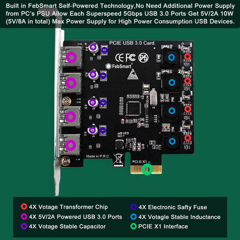 Four Port USB 3.0 PCIe Expansion Card With Self Powered Technology Delivers 5Gbps USB A Ports X1 PCIe Interface Plug And Play