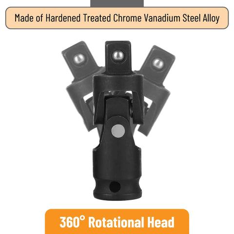 Universal Joint Impact Socket Set Three Piece With One Quarter Inch Drive, Three Eighths Inch Drive, And One Half Inch Drive, Heavy Duty Swivel Sockets In High Strength Steel For Auto, DIYers And Mechanical Jobs, Perfect For Manual Or Low Speed Power, 360° head