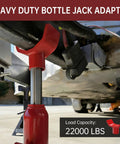 ForoGore Red Bottle Jack Adapter 12 Ton Lift Extender Sleeve shown under a truck, designed for 1.65 inch hydraulic jack saddles.