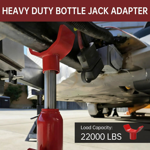 ForoGore Red Bottle Jack Adapter 12 Ton Lift Extender Sleeve shown under a truck, designed for 1.65 inch hydraulic jack saddles.