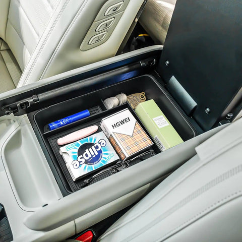 Santa Fe Center Console Organizer Tray with secondary divider installed in 2024-2026 model, black ABS plastic storing items neatly.
