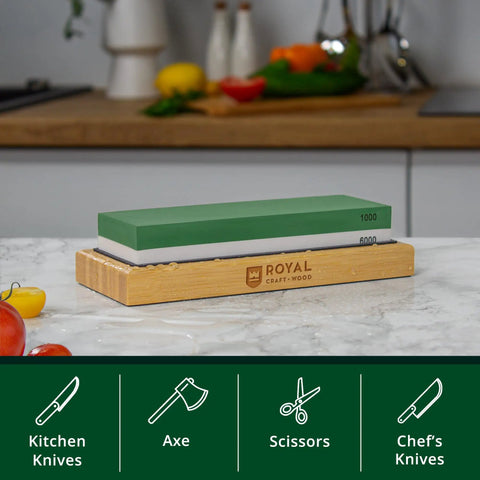 Dual Grit Whetstone Knife Sharpening Stone 1000 And 6000 with bamboo base on kitchen counter with sharpening icons.