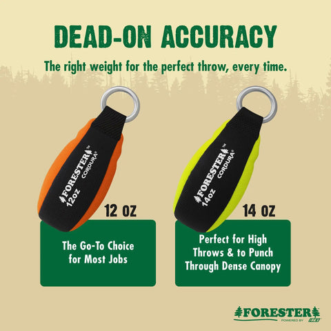 Throw Line Kit With Cordura Throw Weight And 180Ft Dyneema Rope showing 12 oz and 14 oz weights for accurate throws.