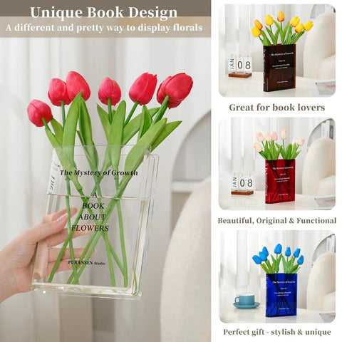 Clear Book Vase Acrylic Flower Holder And Space Saving Desk Decor For Bookshelf Modern Minimalist Home Office Organizer Floral Display For Study Desk Vibe with red tulips