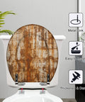 Round Grunge Rusty Effect Wood Toilet Seat with metal hinges, shown from the back on a white toilet, easy installation.