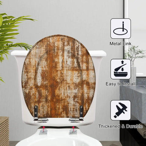 Round Grunge Rusty Effect Wood Toilet Seat with metal hinges, shown from the back on a white toilet, easy installation.