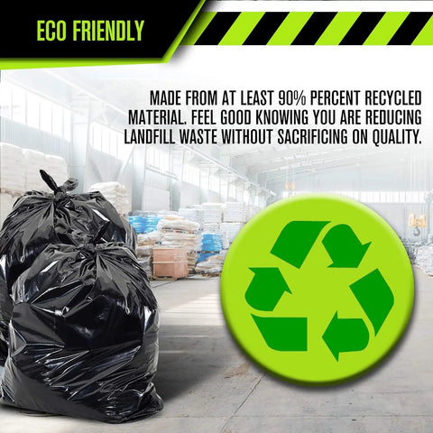 Heavy Duty 95 And 96 Gallon Garbage Bags 50 Pack With Bulletproof 2 Mil Thickness for eco-friendly waste disposal in warehouse.
