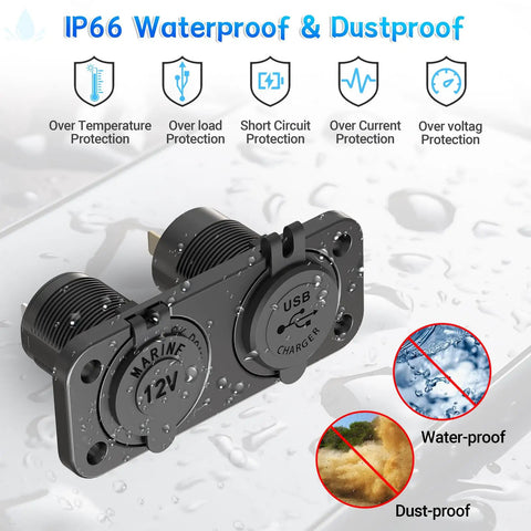 Top Shelf 12V Cigarette Lighter Socket Splitter Panel With Rugged On Off Switch Plus 20W USB Type C And 18W Quick Charge 3.0 Ports, waterproof and dustproof design.
