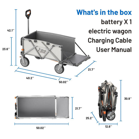 Heavy-Duty Electric Wagon Cart With 450W Motor All-Terrain Wheels 200L Capacity And 300Lb Load for Camping Beach Garden And Shopping Variable Speed Control For No Sweat Hauling And Smooth Pushing dimensions and components