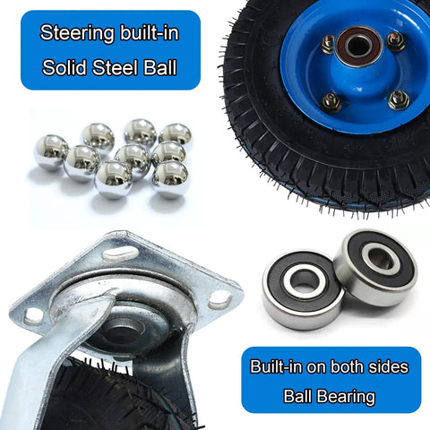 Heavy Duty Beef Pneumatic Rubber Caster Wheels with Swivel Brake Castors, 8 Inch wheel showing steel ball bearing and mount.
