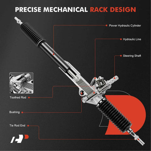 Hydraulic Power Steering Rack And Pinion For Dodge Dakota 2005 To 2010 And Mitsubishi Raider 2006 To 2009 With Inner Tie Rods And Dust Boots Left Hand Drive Ready To Roll Plug And Play Easy Install, showing components and features labeled.