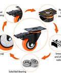 Moogii 3-inch heavy-duty swivel caster wheel with brake, orange wheel, 1500 lb capacity; set of 4