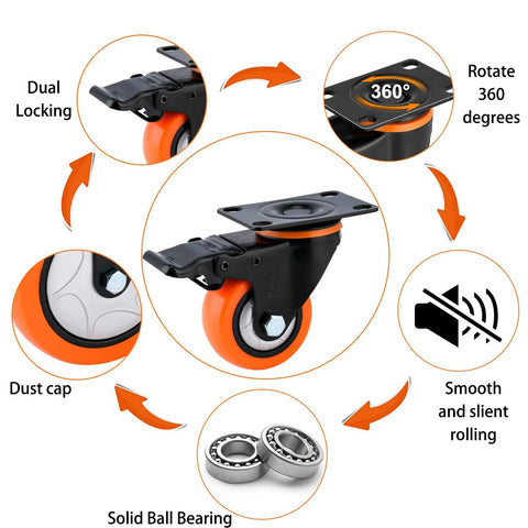 Moogii 3-inch heavy-duty swivel caster wheel with brake, orange wheel, 1500 lb capacity; set of 4